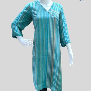 Blue Cotton Printed Striped Straight Kurta